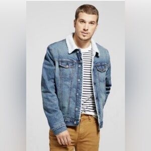 Goodfellow & Co. XXL Sherpa Lined Denim Trucker Jacket Faux Fur Blue Wash Mens